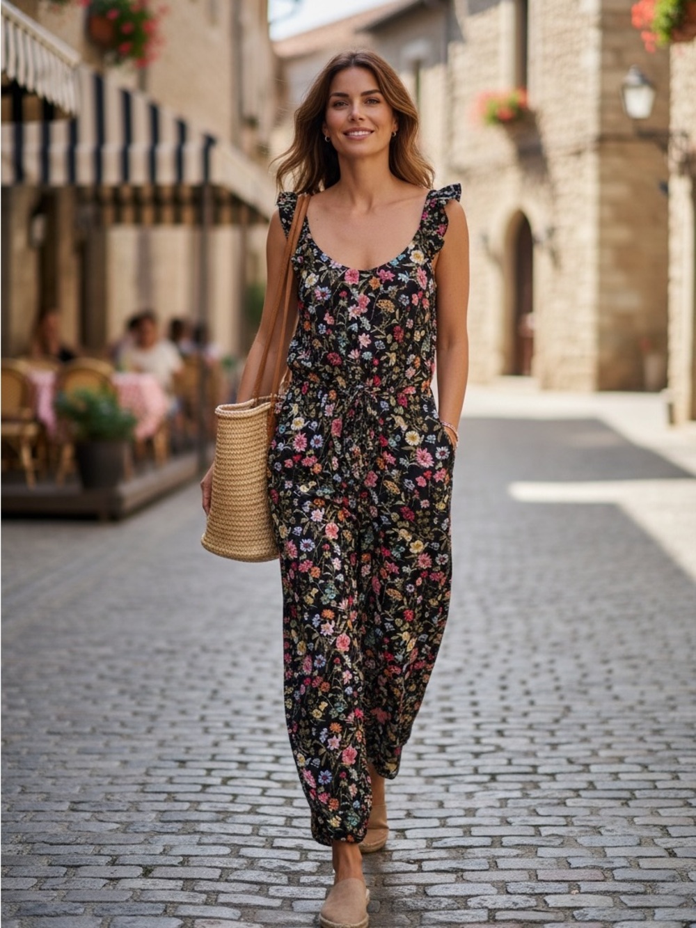 LOFT Lilly Black Floral Ruffle-Strap Jumpsuit SZ00 NWT Cottagecore Festival